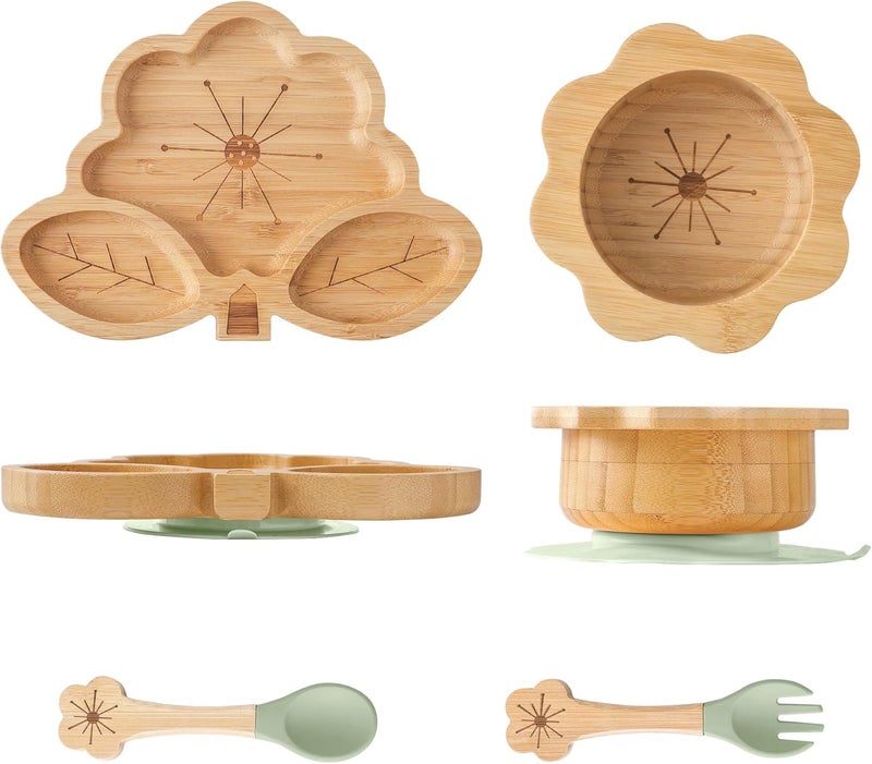 MingHoYo Bamboo Suction Plates Bowls Set for Baby Toddler - Includes Bamboo Bowl, Divided Plate, Silicone Fork & Spoon, All-Natural Baby Feeding Set for Baby-Led Weaning - Image 1